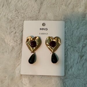MNG Gold Heart Drop Earrings with Red and Green Accents